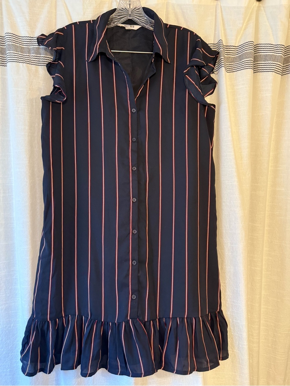 BB Dakota Navy Button-Front Dress with Pink Stripes